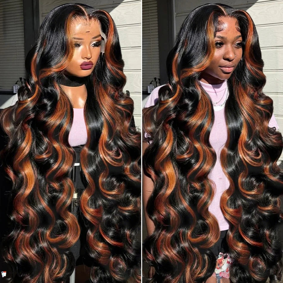 1B/30 Highlight 13x6 Lace Frontal Human Hair Wigs Ombre Black Brown Colored Preplucked 36Inch Body Wave Lace Front Wig For Women